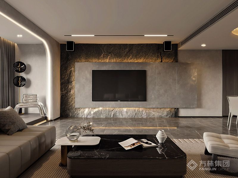 纹理细腻的大理石背景墙搭配深色的墙板,主沙发用简约意式的搭配,在融入新的元素,让空间更协调