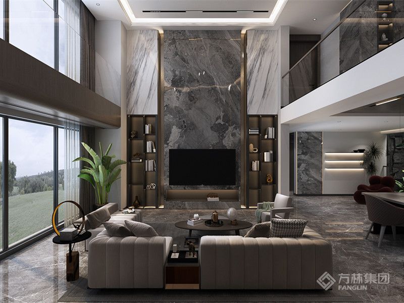 一体化的客厅空间里，以大块岩板搭配木饰面悬浮柜、黑色肤感收纳柜的电视背景墙，在灯光元素渲染下，将高级与优雅的格调散发到空间里。
