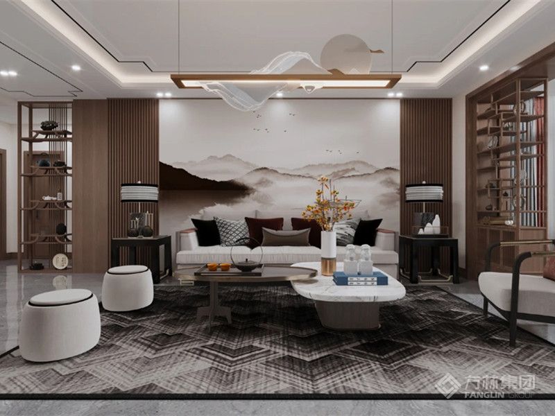 客厅空间宽敞明亮，中式家具搭配理石地面，水墨纹地毯很好的平衡了冷暖视觉效果。